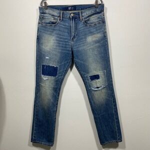 GAP Denim‎ Slim Jeans Size 32x30 Distressed Patched Blue Men's Casual Pants